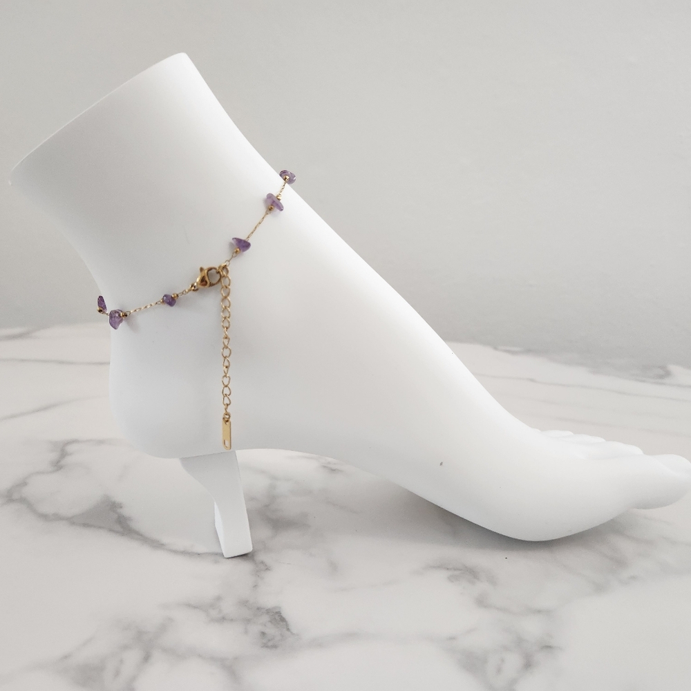 Minimalist Purple Dainty Stones 18K Gold Plated Anklet - Picture 7 of 15